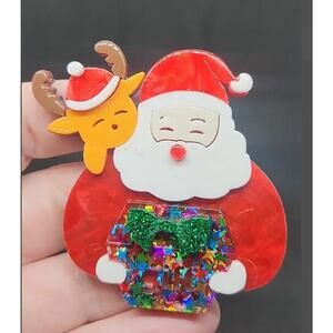 Santa & Reindeer Acrylic Christmas Brooch Holding Present Gift Festive
